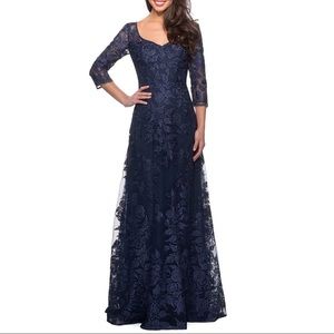 La Femme  V-Neck 3/4-Sleeve Navy Lace Gown with Mesh Illusion